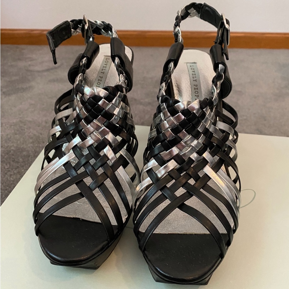 Black and Silver Strappy Wedge Sandals